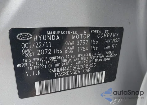 2012 Hyundai Elantra Limited (Ulsan Plant) from USA, damaged, VIN KMHDH4AE5CU338336
